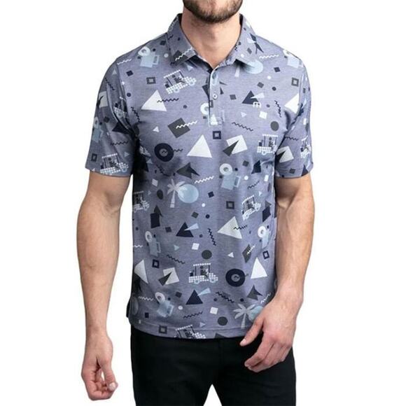 TravisMathew Rat Pack Golf Polo Shirt Golf Carts & Palm Trees Geometric Sz Large - Picture 1 of 4